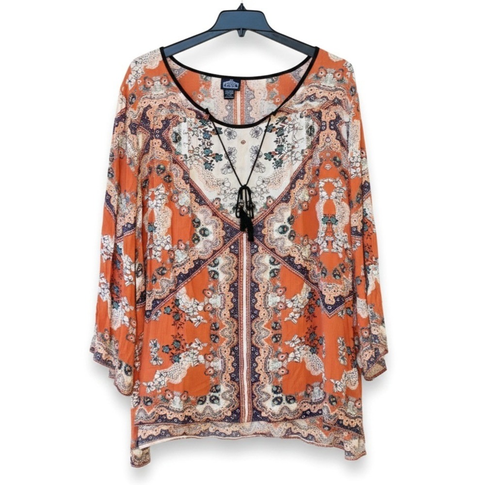 Angie Floral Boho Peasant Top‎ 3X Plus SZ V-Neck Bell Sleeve Flare Blouse Orange